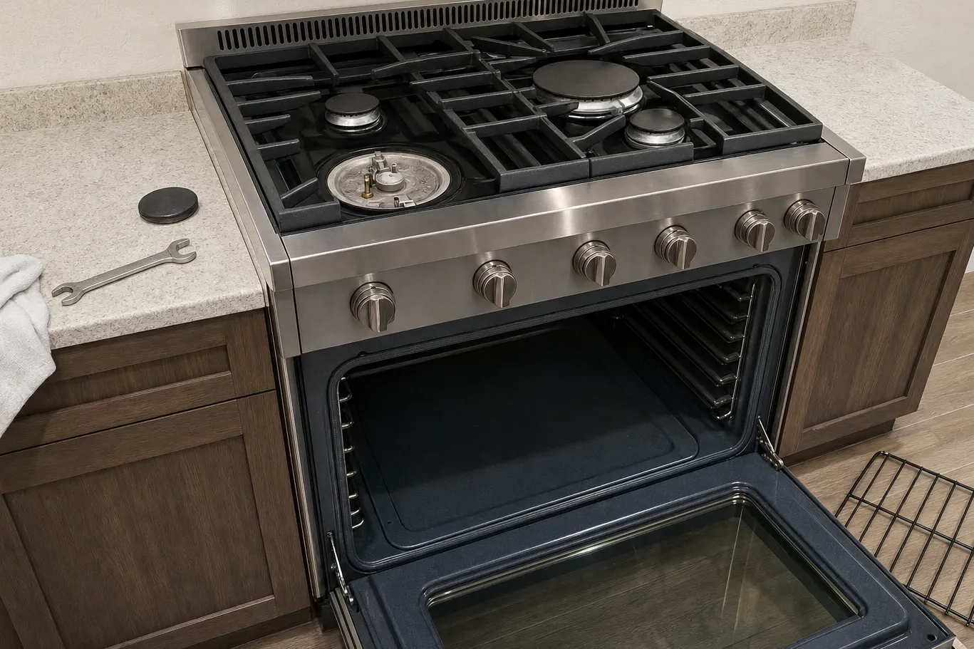 Cooktop burner taken apart on a stainless range, the burner cap and a wrench set down on the counter beside it