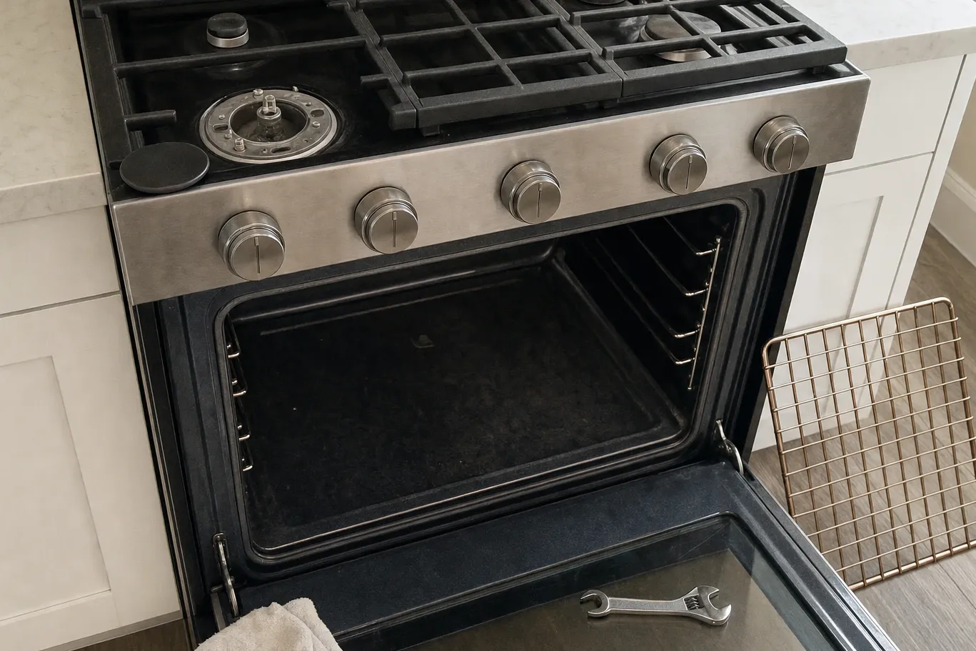 Cooktop burner stripped down to its base casting with the brass fittings showing, oven door open below
