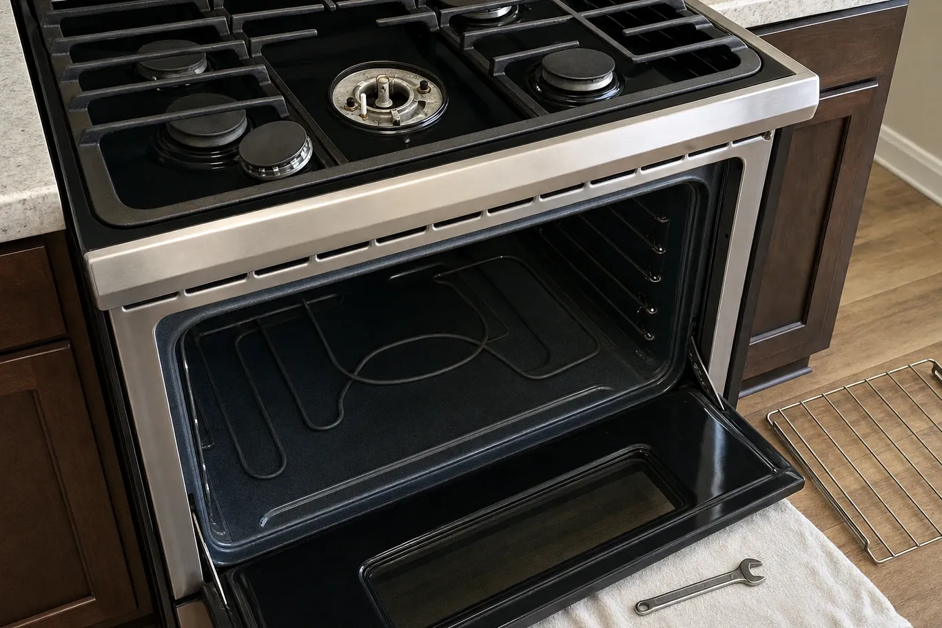 High angle on an open oven, the door lying flat and the cavity floor showing a raised looped cover plate, with a burner head exposed on the black cooktop above