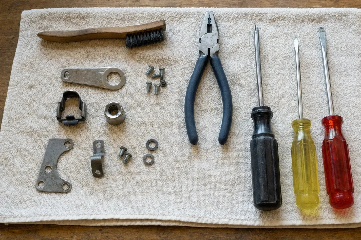 Flat steel link arm with a round eye, a plastic clip, a steel bushing and two brackets laid on a white towel with a wire brush, pliers and three screwdrivers