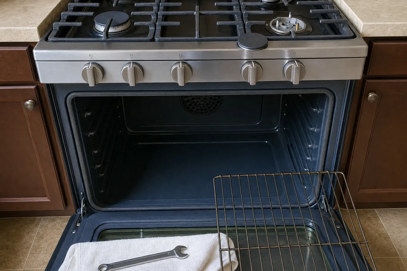 Stainless range in cherry cabinetry seen head on, the oven door open on a deep blue-grey cavity with the round perforated fan cover high at the back and rack rails down both walls