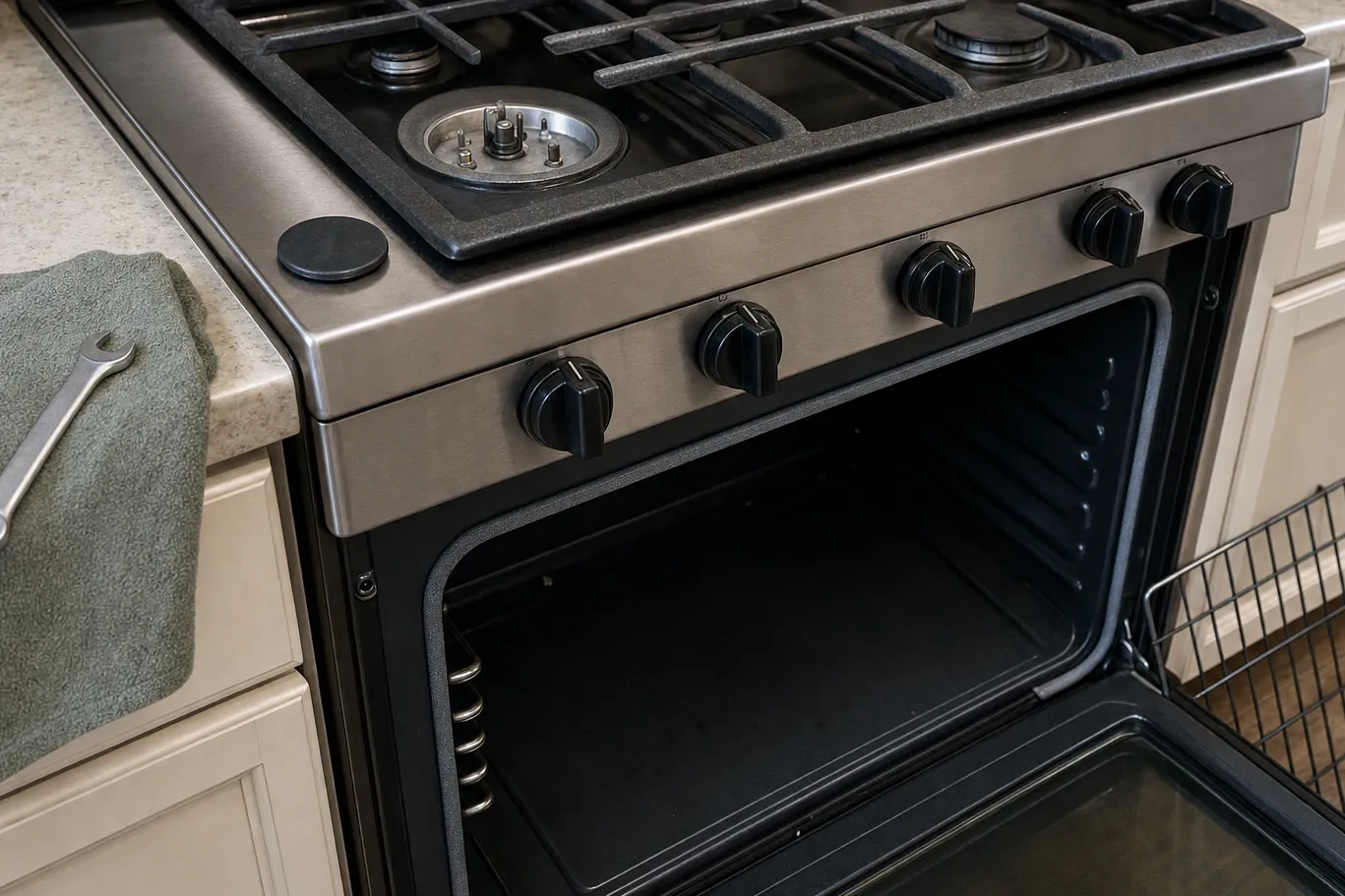 Stainless range with black knobs against cream cabinets, one burner cap set down on the surface and the burner head and its spark electrode standing exposed
