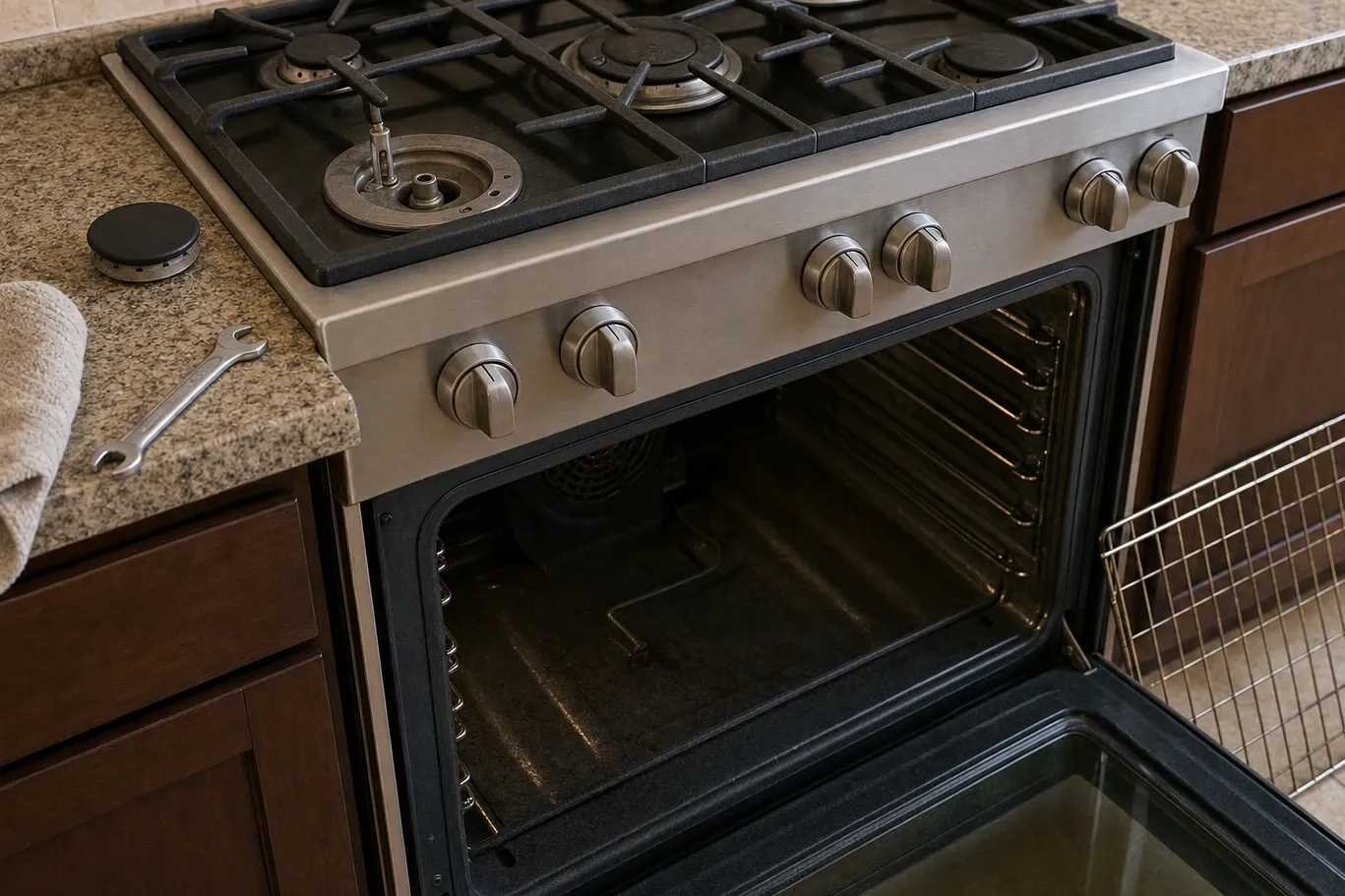 Cooktop burner stripped to its base with the brass orifice standing upright in the burner well, the cap on the granite beside it and the oven open below