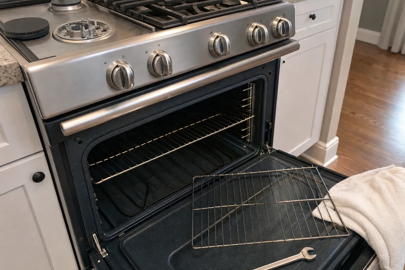 Built-in oven in a white kitchen with the door lying flat, one rack still on its rails inside and a second lying out on the open door beside a folded towel