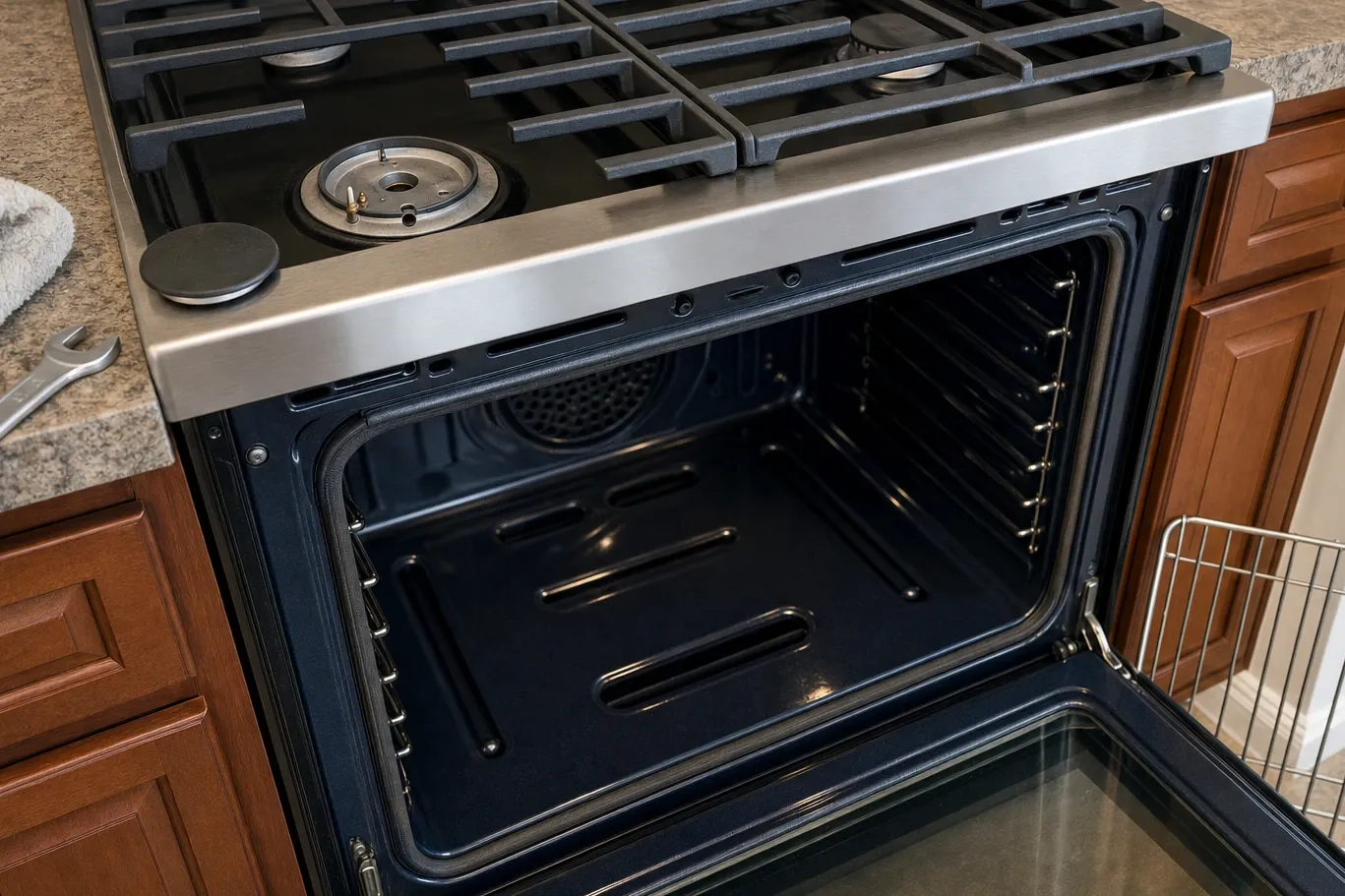Open oven seen from above showing both the round perforated fan cover at the back wall and the raised cover plate running across the cavity floor
