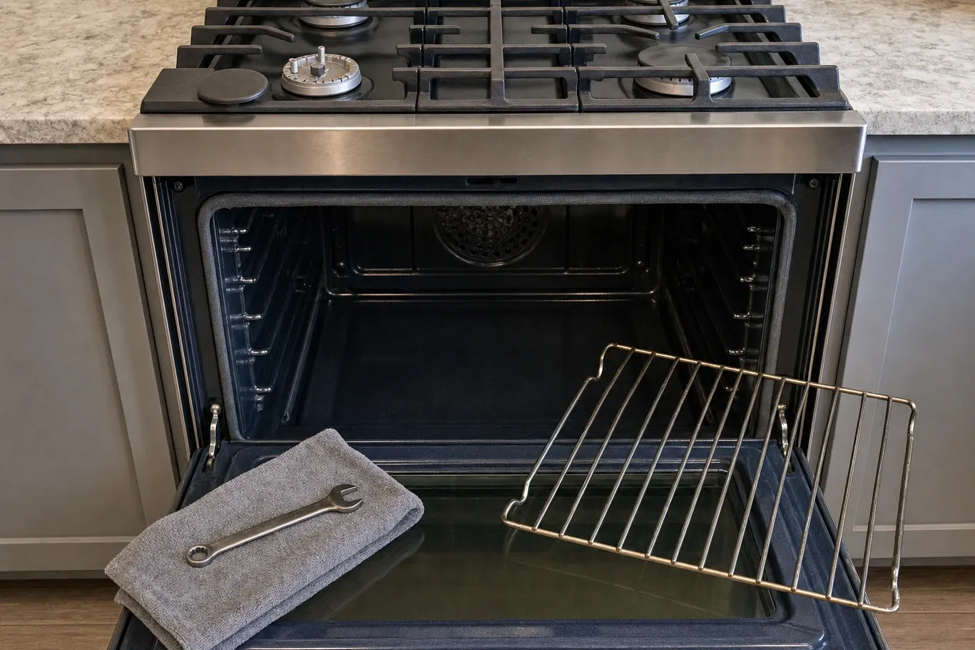 Range in a grey flat-panel kitchen with the oven door lying open, the round perforated fan cover centred at the back and a rack standing upright on the door