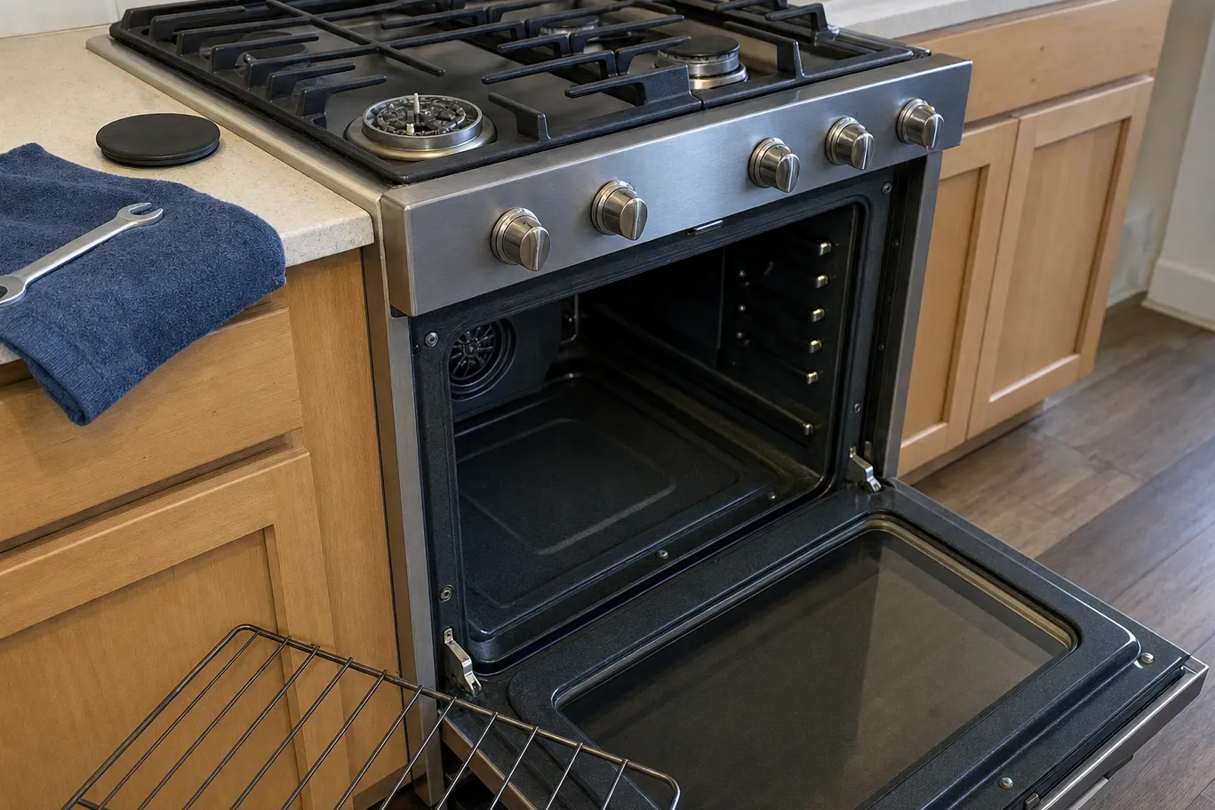 Open oven in a light oak kitchen showing a round fan grille low on the left-hand cavity wall, rack ladders down both sides and a burner head exposed on the cooktop above