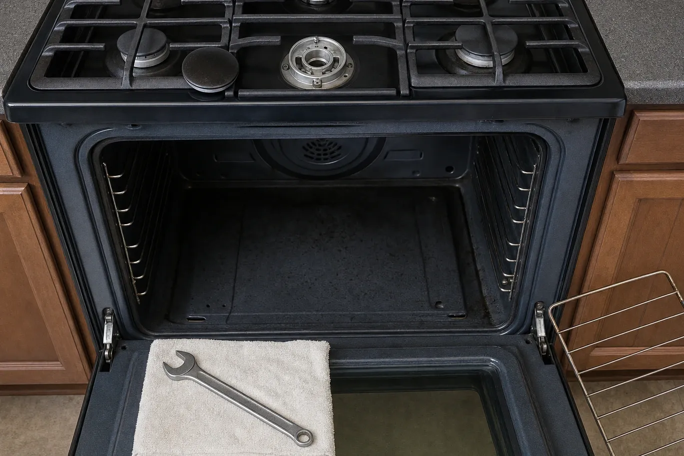 Black-topped range with the oven door lowered on a lightly soiled cavity, rack rails down both walls and the round perforated fan cover at the back