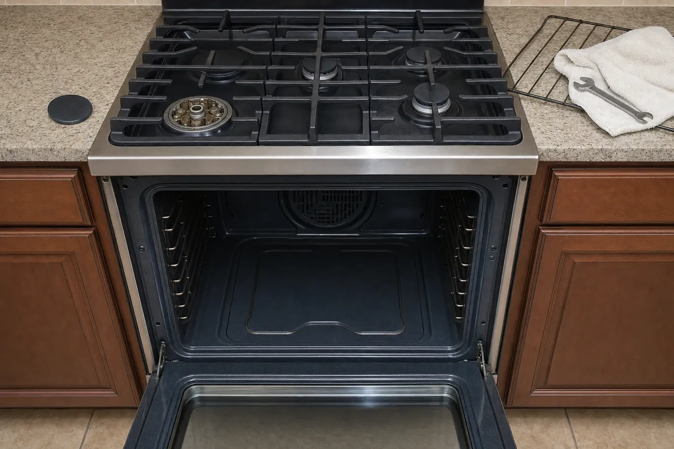 Burner head with a brass-coloured crown and its full ring of ports uncovered, the cap set aside on the granite and the oven standing open underneath