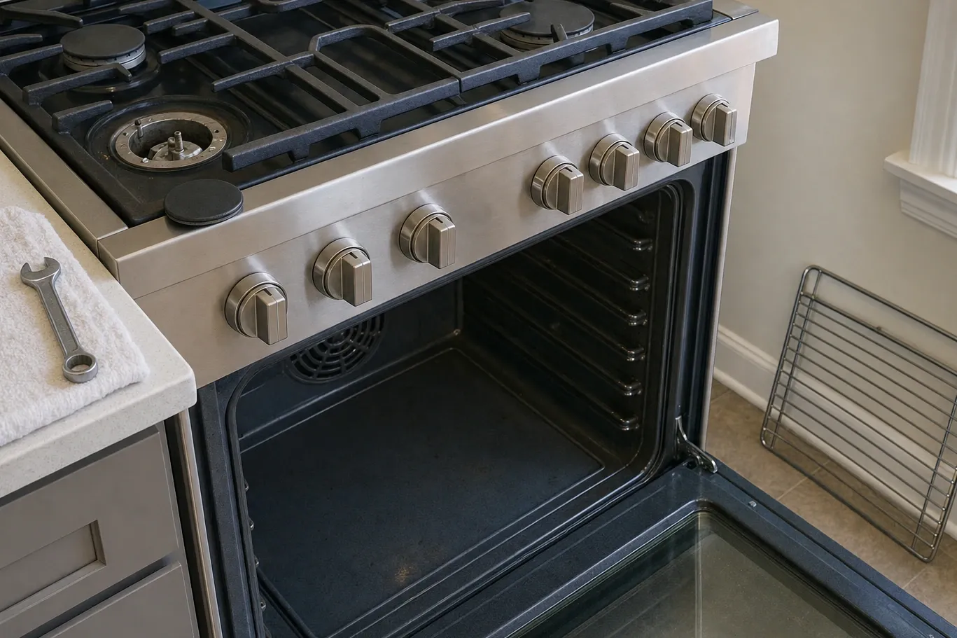 Seven stainless knobs in a row along a tall control rail, daylight from a window, with a burner head uncovered on the cooktop and the oven cavity open below