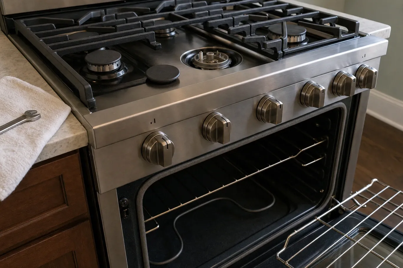 Stainless range under heavy cast grates with one cap off, the oven open on a cavity whose floor is covered by a wide flat plate with a long curved slot