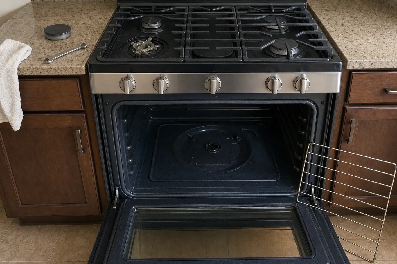 Bare star-shaped burner head with its brass centre showing, the cap on the granite beside it, and the oven below open on a round cover plate set into the cavity floor